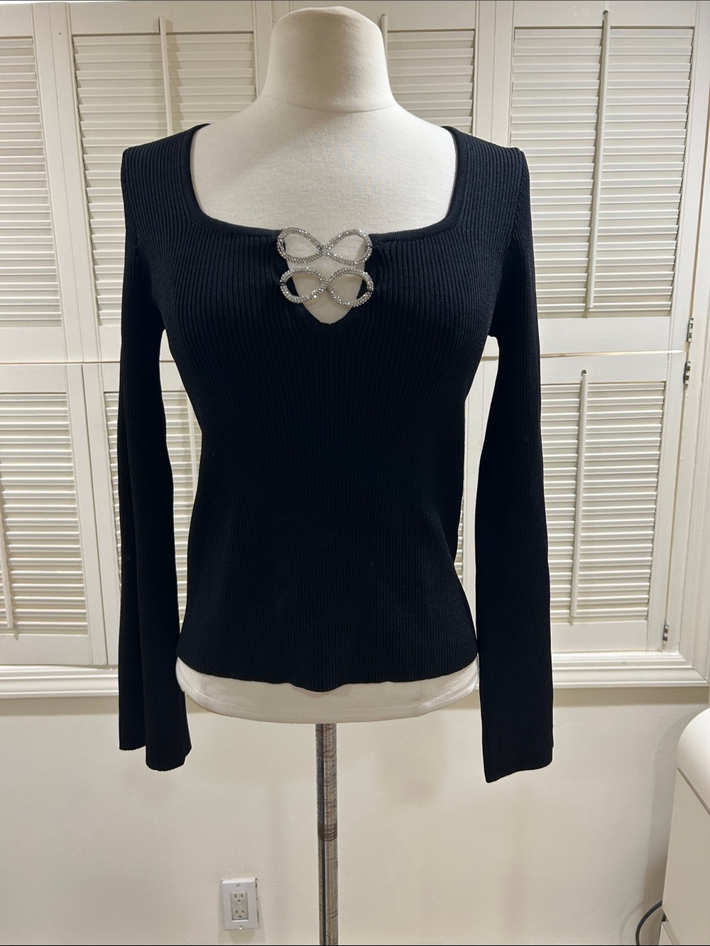 New Lucy Paris Black Ribbed Long Sleeve Top with Rhinestone Buckle